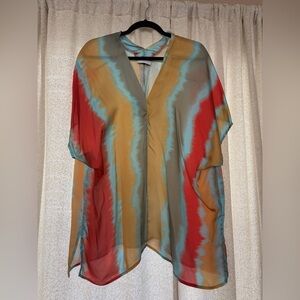 Adrienne Multicolored Stripe V-Neck Tunic in Red, Mustard & Aqua
